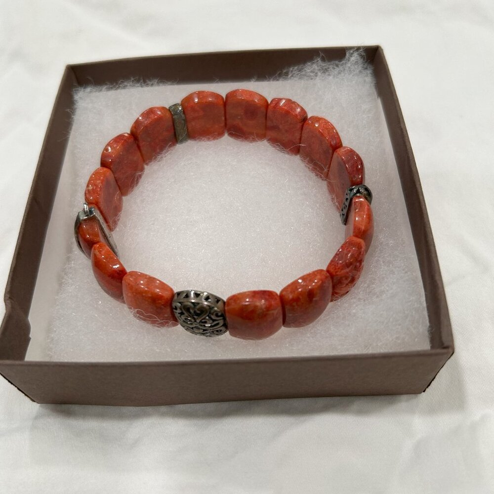 New Silpada B2259 Carved Red Coral Stretch Bracelet .925 Sterling Silver